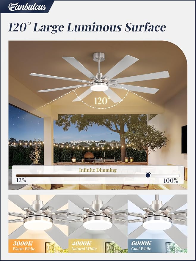 Fanbulous 65 Inch Ceiling Fan with Light and Remote, 6 Speeds Reversible DC Motor Ceiling Fans for Living Room Patio Garage, 3CCT Dimmable LED, 8 Wood Blades, Downrod Mount, Sloped Ceiling Compatible