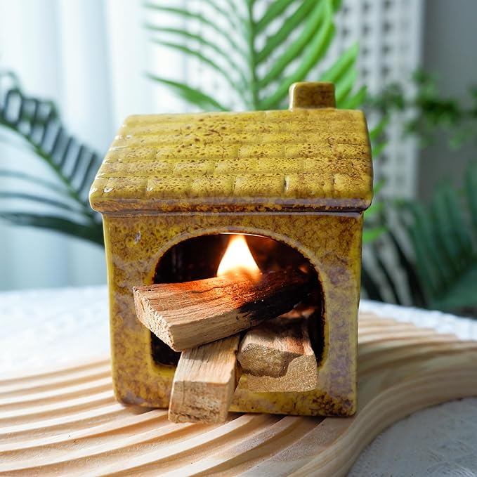 Mougigi Yellow House Palo Santo Burner Holder - Mini Ceramic Chiminea with Stable Base,Smudge Bowl for Burning Sage &Incense Cones-Perfect for Meditation,Yoga Spaces,Spiritual Altars,Home Decor& Gifts