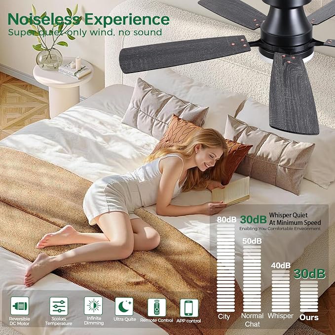 Ceiling Fans with Lights, 48 inch Flush Mount Ceiling Fans with Lights and Remote, Low Profile, Reversible DC Motor, Noiseless, 3CCT, Dimmable LED Ceiling Fan for Bedroom, Living Room, Black