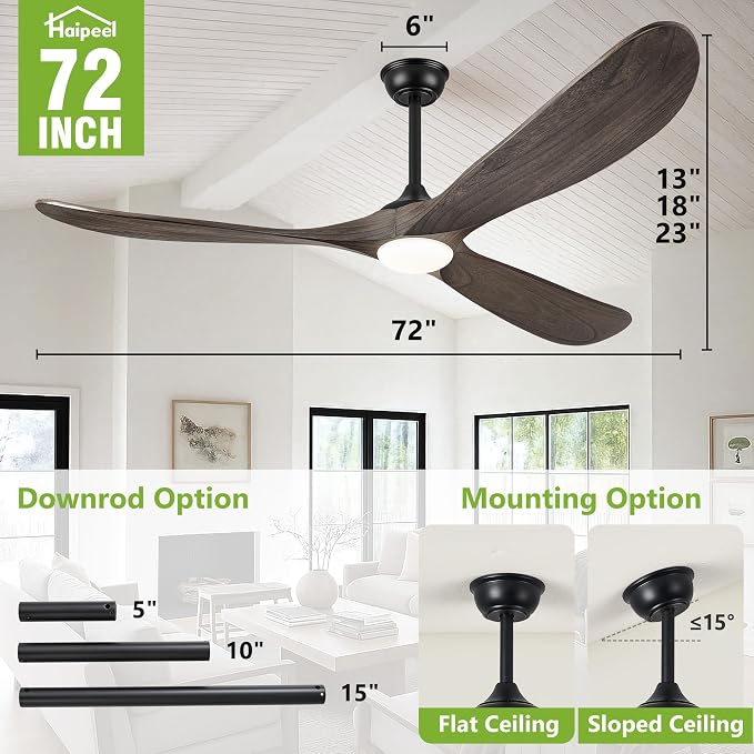 Haipeel 72 Inch Ceiling Fans with Lights, Wood Outdoor Ceiling Fan for Patio and Remote Control Rustic Propeller Large Ceiling Fans with Light Farmhouse Indoor Quiet High cfm, Deep Brown