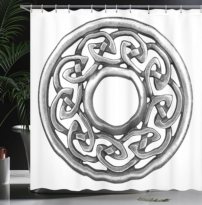 Ambesonne Celtic Shower Curtain, Royal Style Circular Brooch Design Antique Traditional Scottish Motif Print, Cloth Fabric Bathroom Decor Set with Hooks, 69" W x 70" L, Grey and White