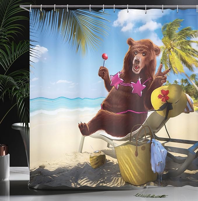 Ambesonne Animal Shower Curtain, Funny Happy and Whimsical Bear Sunbathing on The Beach Humorous Summer Vacay Themed, Cloth Fabric Bathroom Decor Set with Hooks, 69" W x 84" L, Multicolor