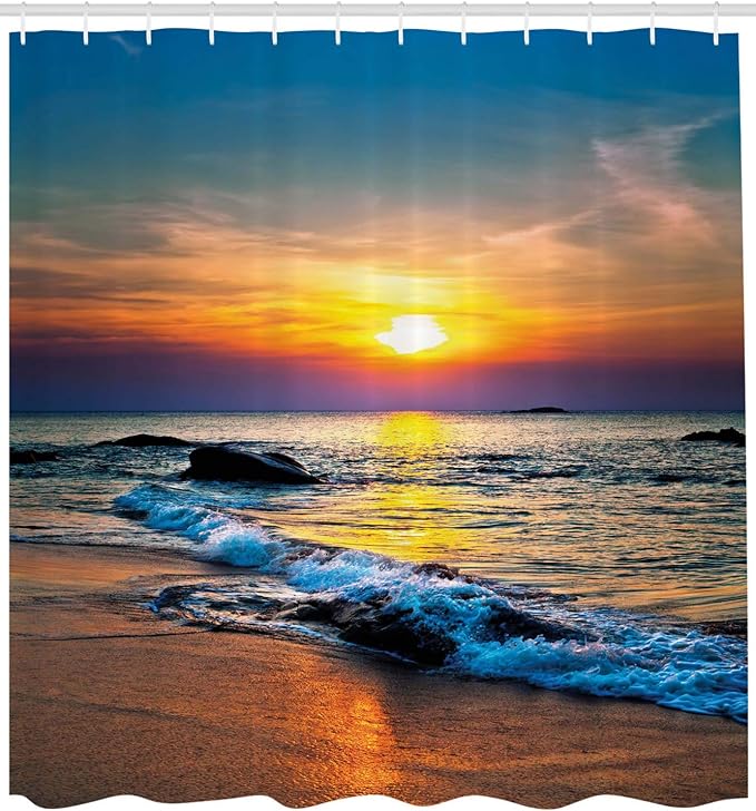 Ambesonne Tropical Shower Curtain, Colorful Last Sun Rays of The Day Over The Sea Waves Reflections Tropics, Cloth Fabric Bathroom Decor Set with Hooks, 69" W x 75" L, Umber Orange