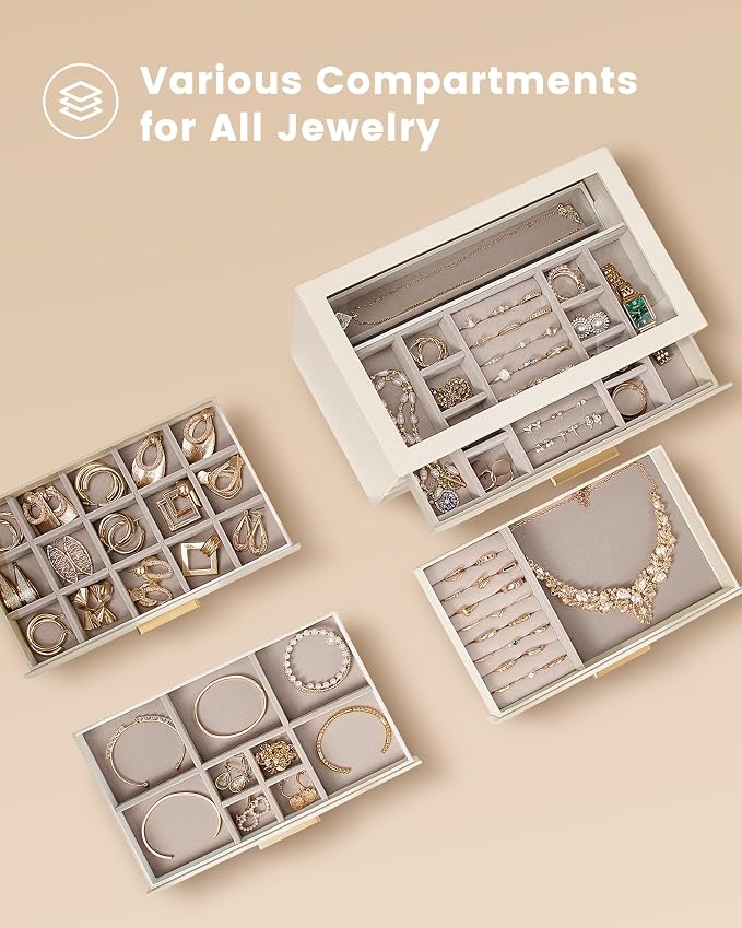 Lolalet Jewelry Box Organizer, 5-Layer Jewelry Organizers and Storage Case with Glass Lid, Ring Earring Bracelet Necklace Holder Organizer, Birthday Valentine Gifts for Women Girls -5Layer, Beige