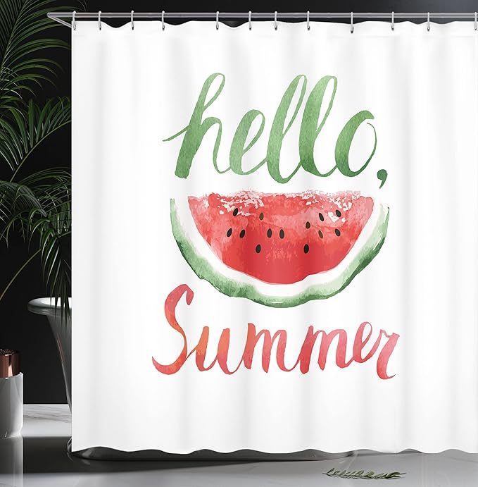 Ambesonne Hello Summer Shower Curtain, Watermelon Calligraphy Fruit Food Summer Painting Effect Modern, Cloth Fabric Bathroom Decor Set with Hooks, 69" W x 70" L, Jade Green and Dark Coral
