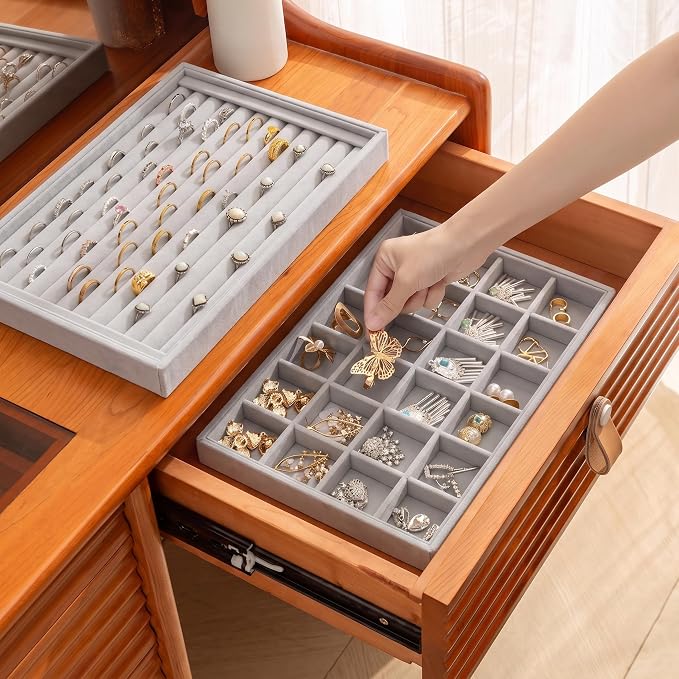 Frebeauty Jewelry Trays for Drawer,Set of 4 Jewelry Organizer and Storage | Velvet Material,Stackable,Adjustable Dividers,Drawer Inserts for Rings Studs Bracelet,Earring Organizer for Women Girls