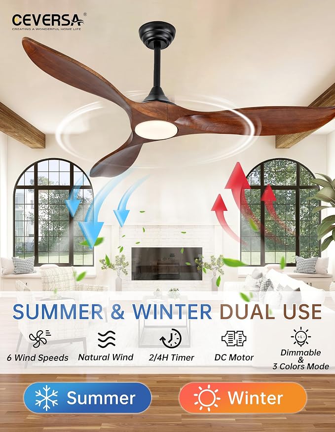 52 Inch Solid Wood Outdoor Ceiling Fans with Lights and Remote,3 Blade Modern Ceiling Fan with Wall Control Switch,Dimmable,Quiet Noiseless DC Motor for Patios,Farmhouse,Living Room,Bedroom