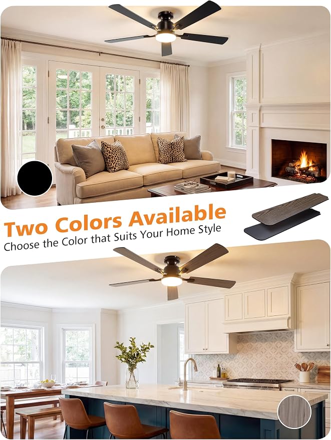 VOLISUN 52 Inch Ceiling Fan with Lights Flush Mount, Low Profile Ceiling Fans with Lights, Remote&APP Control,Dimmable 22W LED Light,Queit&Reversible Fan, Black Ceilings Fans for Bedroom, Living Room