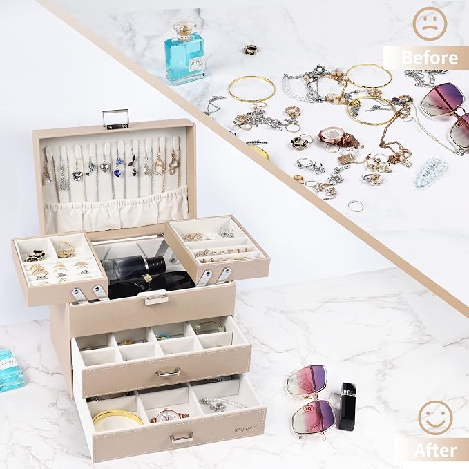 Dajasan Jewelry Organizer Box, Large Jewelry Boxes for Women Girls, Space-Saving 4 Layers Jewelry Storage Case with Drawer, Movable Metal Stand, Modern, Gift Idea (Champagne + Silver)
