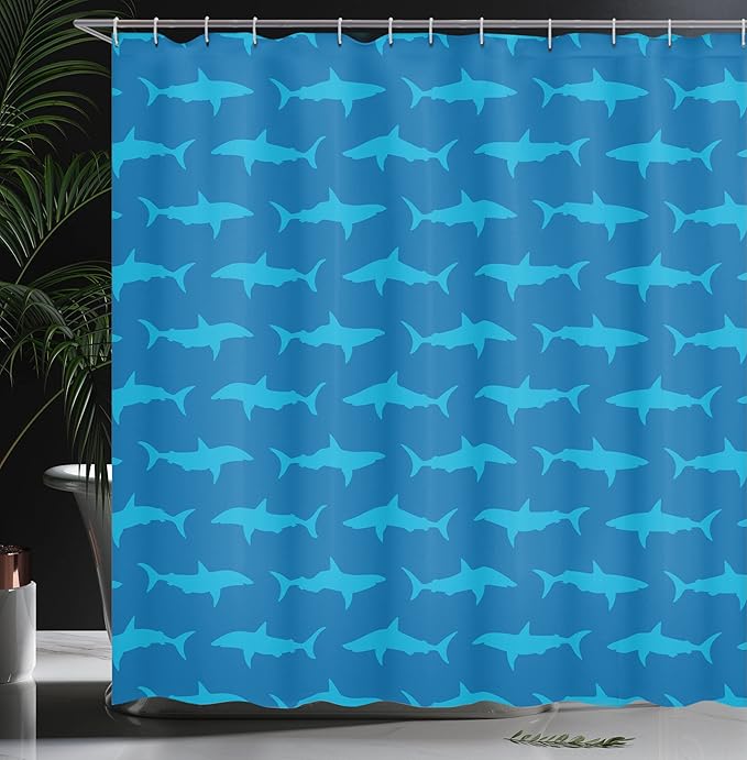 Ambesonne Sea Animals Shower Curtain, Sharks Swimming Horizontal Silhouettes Powerful Dangerous Wild Life, Cloth Fabric Bathroom Decor Set with Hooks, 69" W x 75" L, Blue