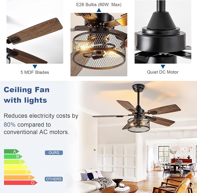 Depuley 52-Inch Ceiling Fans with Lights: Caged Ceiling Fans Dual Finish 5 Blades - Farmhouse Ceiling Fan with Remote Control for Rustic Living Room Outdoor Patio Reversible (Black Walnut)