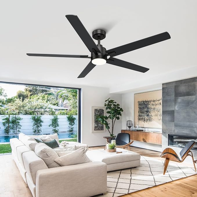 60 Inch Black Ceiling Fan with Light and Remote Control,Dimmable 3 Color Temperatures LED Ceiling Fan,6 Speeds Reversible DC Motor,5 Blades Modern Ceiling Fans for Indoor or Covered Outdoor
