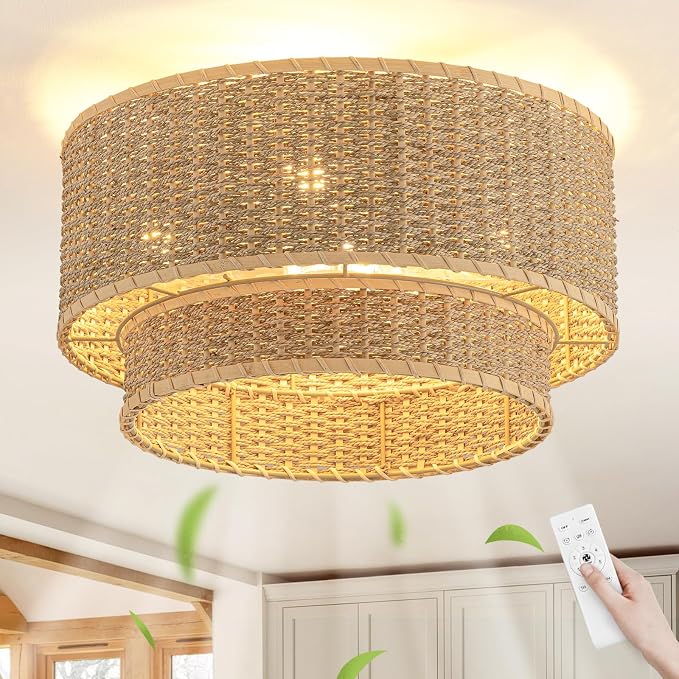 Boho Rattan Ceiling Fan with Light, Flush Mount Woven Fandelier with Remote 2 Tier Layered Caged Ceiling Fan Light Fixture 6-Speed Reversible Low Profile Fan for Bedroom Kitchen Dining Room