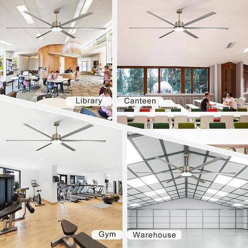 100" Industrial Ceiling Fan with Lights, Large Ceiling Fan with Remote 6 Reversible Aluminum Blades DC Motor 3CCT, Indoor Outdoor Commercial Ceiling Fan for Garage Shop Patio, Silver