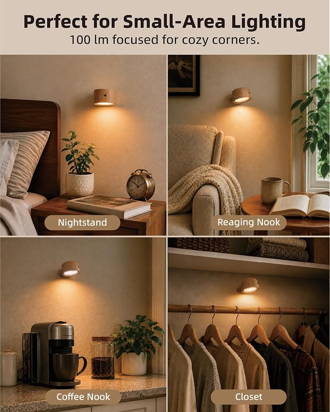 LED Wall Mounted Lights, Rechargeable Wall Sconces, 3 Color Temps, Remote & Touch, 360° Rotating and Dimmable for Bedroom, Bedside & Reading (Wood, 3Pack)