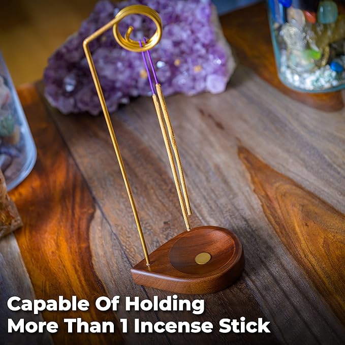 Incense Holder for Sticks - 11.4" Tall Reverse Style Incense Burner Holder with Mess Free Ash Catcher Tray - Modern & Minimalist Design Incense Sticks Holder with Brass & Walnut Wood Elements