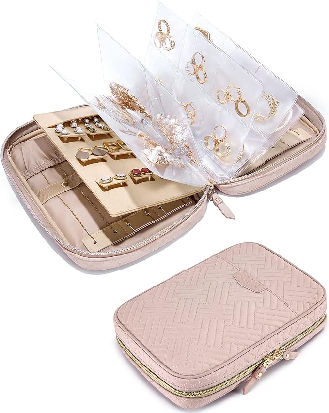BAGSMART Jewelry Travel Organizer Case Ring Binder Storage Rolls, Pink | Travel Case for Home Clear Ring Binder Jewelry Bags Jewelry Rolls Zipper Pouch Necklaces, Earrings, Rings, Bracelets