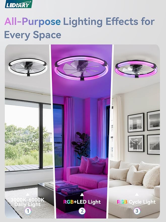 LEDIARY Ceiling Fan with Light,23inch Low Profile Fandelier with Remote RGB | RGB,6 Speeds, Reversible DC Motor, Dimmable Flush Mount Fan Light, Modern fans for Bedroom
