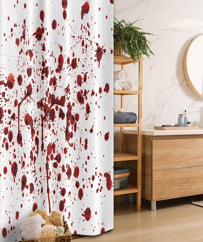 Ambesonne Horror Stall Shower Curtain, Splashes of Blood Grunge Style Bloodstain Horror Scary Zombie Halloween Themed Print, Fabric Bathroom Decor Set with Hooks, 36" W x 72" L, Red White