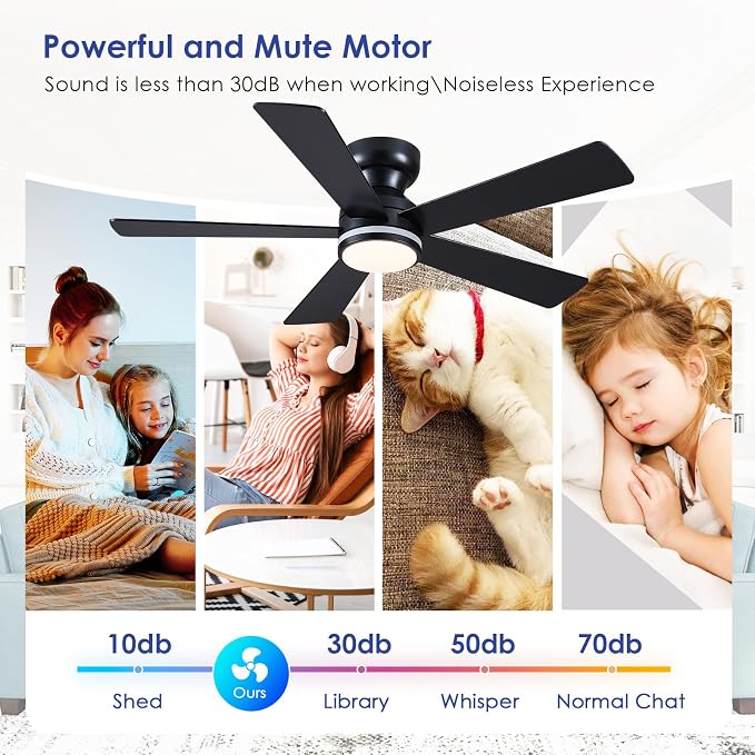 Black RGB Ceiling Fans with Lights - 46" Flush Mount Ceiling Fan with Remote APP, RGB+3CCT Dimmable Led Light, Reversible 6 Wind Speeds&2H Timer, Low Profile Modern Fan Light Fixture for Bedroom Party