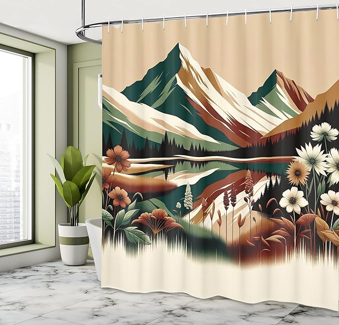 Ambesonne Lake Shower Curtain, Peaceful Art of Meadow Scene with Darkened Woodland and Snowy Mountains, Cloth Fabric Bathroom Decor Set with Hooks, 69" W x 70" L, Hunter Green Pale Redwood