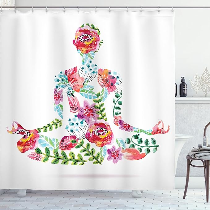Ambesonne Yoga Shower Curtain, Colorful Yoga Pose Floral Human Leaf Meditating Spring Wellness Vibrant Colors Namaste, Cloth Fabric Bathroom Decor Set with Hooks, 69" W x 75" L, Pink Blue