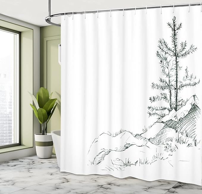 Ambesonne Sketchy Shower Curtain, Young Thin Pine Trees on Rocks Ecology Forest Park Habitat Landscape Sketch Print, Cloth Fabric Bathroom Decor Set with Hooks, 69" W x 70" L, White Charcoal