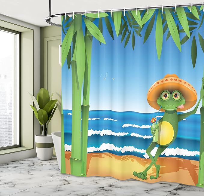 Ambesonne Animal Shower Curtain, Illustration of a Frog on Sandy Beach with Palm Trees and Ocean Tropical Print, Cloth Fabric Bathroom Decor Set with Hooks, 69" W x 70" L, Cream Green