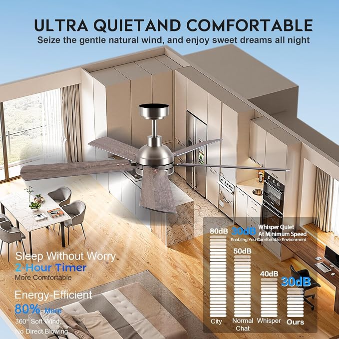 JSAITEE Ceiling Fans with Lights, 52 Inch Low Profile Modern Fan with Light and Remote Control, DC Reversible Motor, Noiseless,3CCT,Dimmable, Nickel 6 Speeds Fan Light for Bedroom Living room