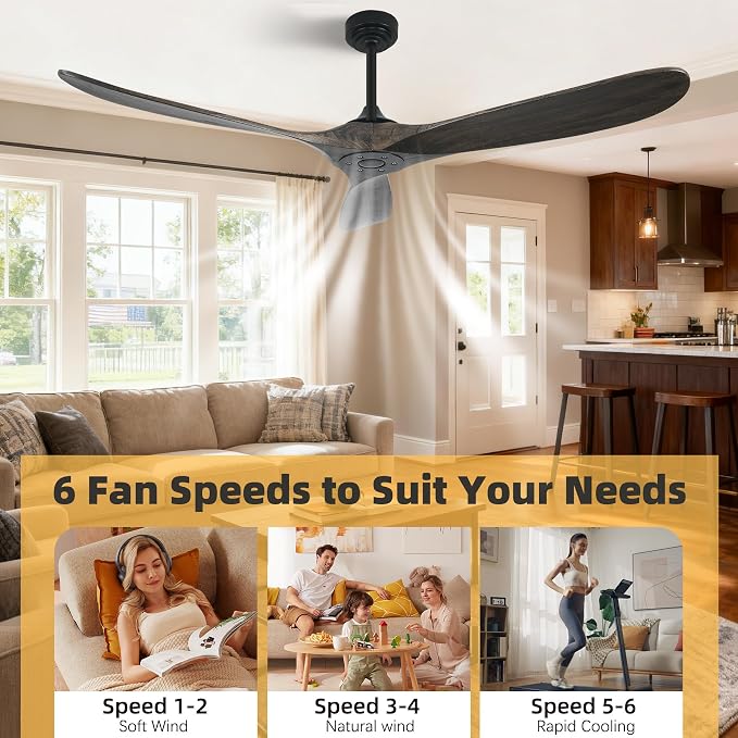 Outdoor Ceiling Fan Without Light, 60 Inch Smart Ceiling Fan with Remote & Voice Control Works with Alexa & Google Assistant, 3-Blade Wood Fan, Quiet DC Motor, 6 Speeds for Patio, Farmhouse