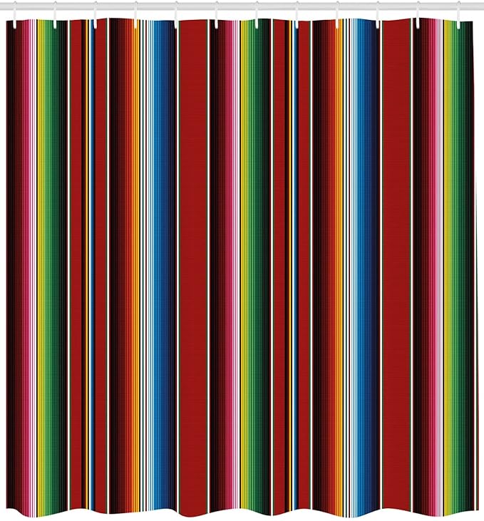 Ambesonne Cinco de Mayo Shower Curtain, Mexican Serape Colorful Stripes Vertical Lines Latino Design Illustration, Cloth Fabric Bathroom Decor Set with Hooks, 69" W x 70" L, Blue Vermilion Green