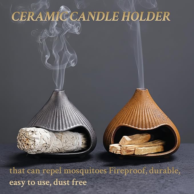 Retro Ceramic Palo Santo Holder, Sage Smudge Burner, Mini Fireplace Mount Fuji Chimney Incense Ash Catcher, Boho Zen Meditation Home Decor Gift (Rustic Brown)