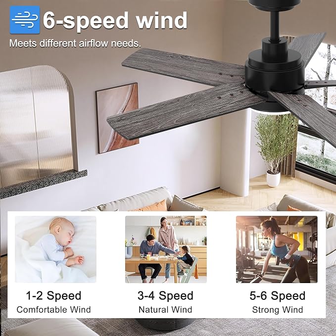 42 Inch Black Ceiling Fan with Light and Remote Control,Dimmable 3 Color Temperatures LED Ceiling Fan,6 Speeds Reversible DC Motor,5 Blades Modern Ceiling Fans for Indoor or Covered Outdoor