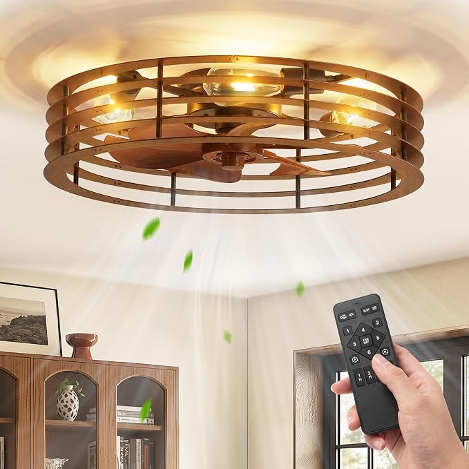 LEDIARY 23" Flush Mount Caged Ceiling Fan with Light, Low Profile Ceiling Fans with Light and Remote, 6 Speed & Reversible, Farmhouse Enclosed Fan Lights for Bedroom, Kitchen, Living Room, Dining Room