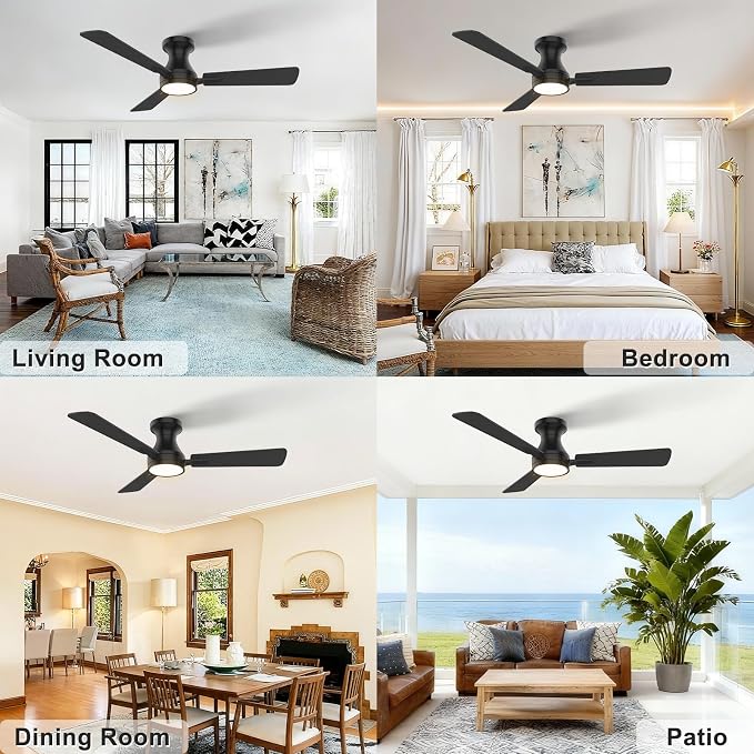 OPONL Ceiling Fan with Light, 42 inch Low Profile Ceiling fan with Light and Remote Control, Reversible, 6CCT, Dimmable, Noiseless, Black Ceiling Fan for Bedroom, Indoor/Outdoor Use, Modern