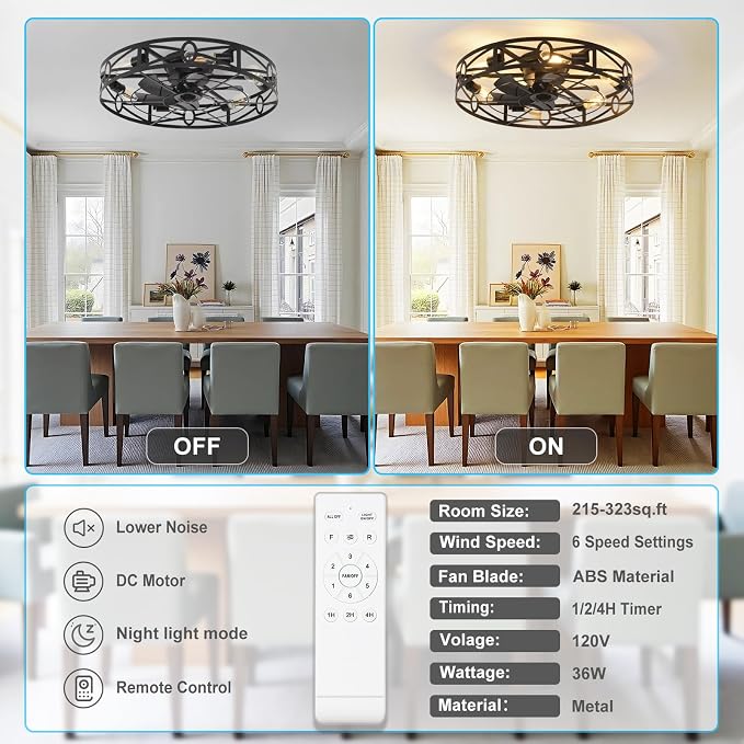 Depuley Flush Mount Ceiling Fan: 24" Caged Ceiling Fans with Remote Control for Patio Kitchen Bedroom - Low Profile Fandelier Lights Fixture Reversible 6 Speed Timer Black 6*E26 Bulb Not Included