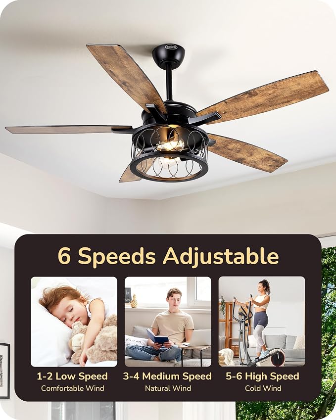 EDISHINE 52'' Farmhouse Ceiling Fans with Lights, 10%-100% Dimmable, 5 Wooden Blades, 1/2/4/6 Hour Timer, 6 Speeds Reversible DC Motor, Rustic Ceiling Fan for Living Room, Bedroom, Burnt Wood