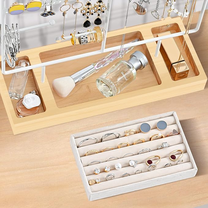 ProCase Jewelry Organizer Stand Earring Holder Organizer, 6 Tiers Earring Organizer Tree Necklace Rack Jewellery Tower Bracelets Holder Storage with Removable Wooden Ring Tray for Women Girls -White