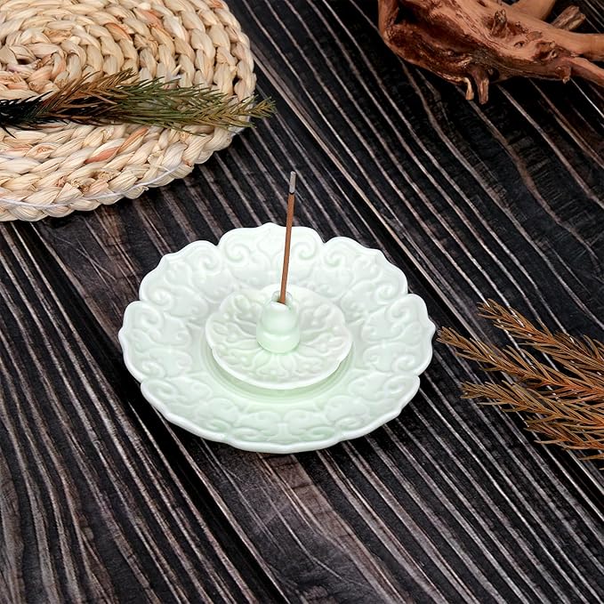 Incense Holder Ceramic Incense Burner Lotus Incense Holder for Sticks Incense Stick Holder Detachable Ash Catcher for Home Decor (Mint Cream)