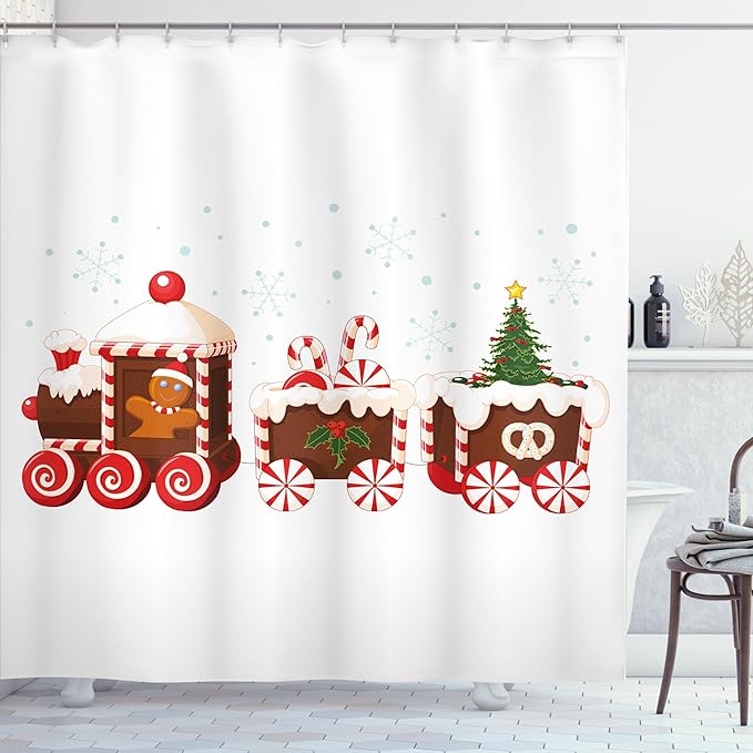 Ambesonne Christmas Shower Curtain, Train with Gingerbread Cream Candy Cartoon Toys Snowflakes Presents, Cloth Fabric Bathroom Decor Set with Hooks, 69" W x 70" L, Red Brown