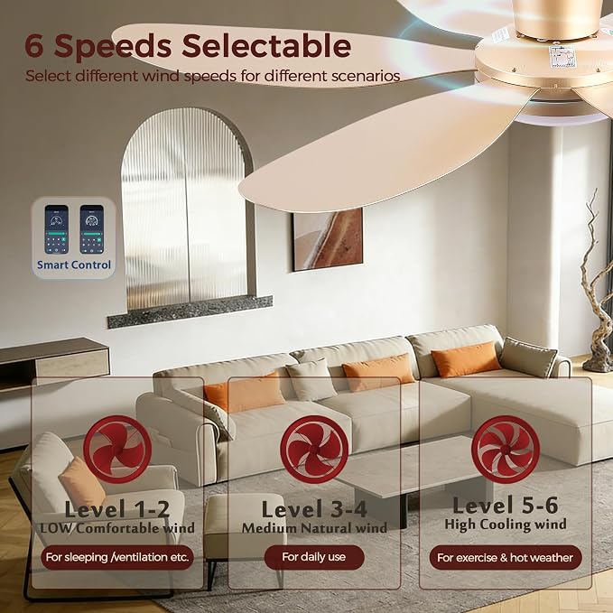 GJeg Ceiling Fans with Lights,42" Low Profile Ceiling Fan with Light and Remote Control,Flush Mount, Reversible, Dimmable, Noiseless,Gold Ceiling Fan for Bedroom
