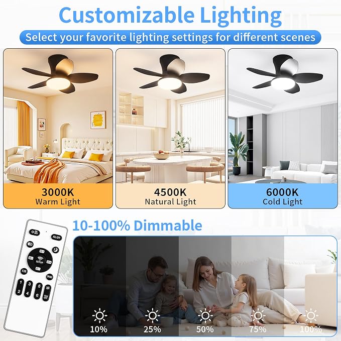25" Small Ceiling Fans with Lights & Remote,6 Speeds Reversible Flush Mount | 5 Blades, Adjustable Color Temperature, Dimmable, Timer, Low Noise for Bedroom, Kitchen, Study, Laundry Room, Black