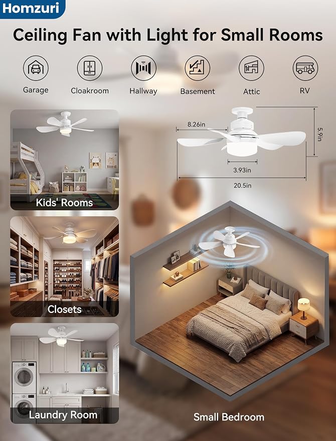 20.5 Inch Ceiling Fans with Lights and Remote, Light Socket Fan 3CCT Dimmable Outdoor, 24DB Noiseless Flush Mount Ceiling Fan Night Light for Bedroom Living Room Patio and Kitchen, White