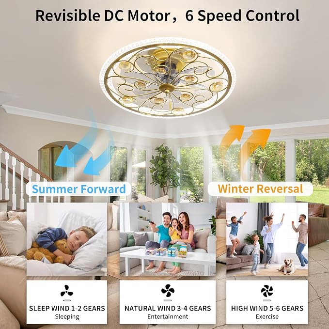 Ceiling Fans with Lights and Remote Caged Low Profile Farmhouse Ceiling Fan with Smart LED 6 Speed 3 Color Temp. Enclosed Ceiling Fan Flush Mount Fandelier for Bedroom Living Room Gold Crystal
