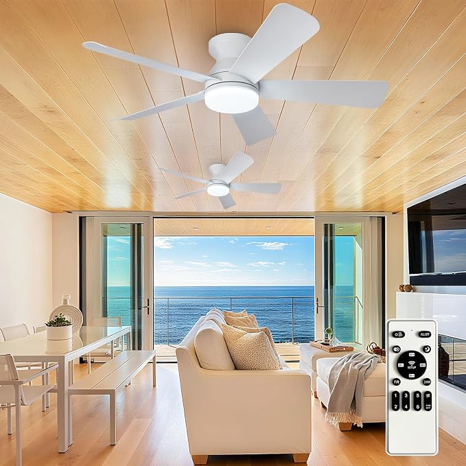 Depuley 42-Inch Ceiling Fans with Lights: Flush Mount Ceiling Fan with Remote Control Indoor/Outdoor - White 5 Blade Low Profile Fandelier for Kitchen Gazebo - Reversible Quiet Timer - 2 Packs