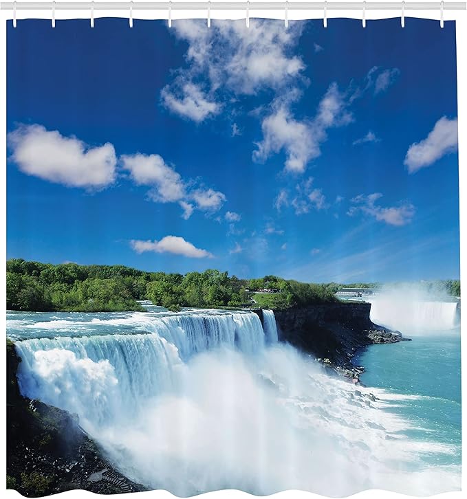 Ambesonne Waterfall Shower Curtain, Big Powerful Niagara Waterfalls Flowing Fastly Dreamy Wild Space Photo, Cloth Fabric Bathroom Decor Set with Hooks, 69" W x 70" L, Blue White Green