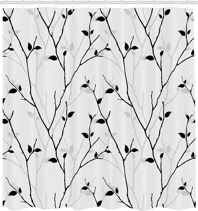 Ambesonne Leaf Shower Curtain, Branches in The Fall Trees Stem Twig Last Few Leafage Minimalistic Design Art, Cloth Fabric Bathroom Decor Set with Hooks, 69" W x 84" L, Coconut Black