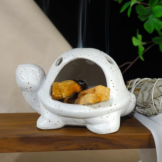 Mougigi Handcrafted White Ceramic Turtle Palo Santo Holder, Sage, Cone Incense and Copal Burner Holder | Ideal for Meditation, Yoga, Aromatherapy & Altar Spaces | Zen-Inspired Home Decor Gift