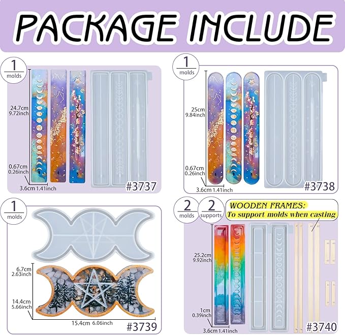 Moon Phase Incense Holder Epoxy Resin Silicone Molds Set Triple Goddess Candle Tray, Ash Catcher, Storage Box 5-Count Around 10inch Long