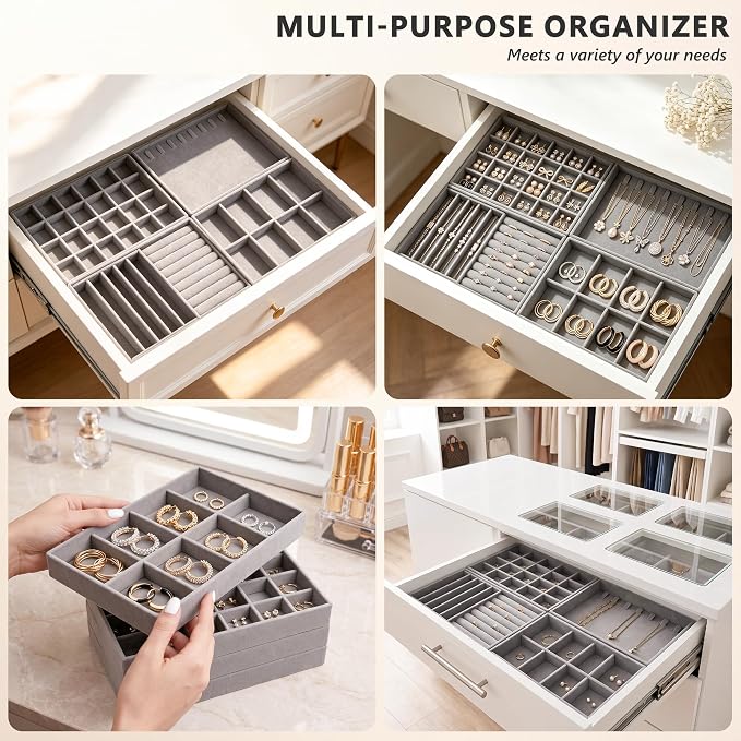Jewelry Organizer for Drawer, Velvet Jewelry Drawer Organizer Inserts, 4-Layer Grey Stackable Jewelry Trays for Rings Earrings Necklaces Bracelets with Removable Dividers for Dresser Vanity